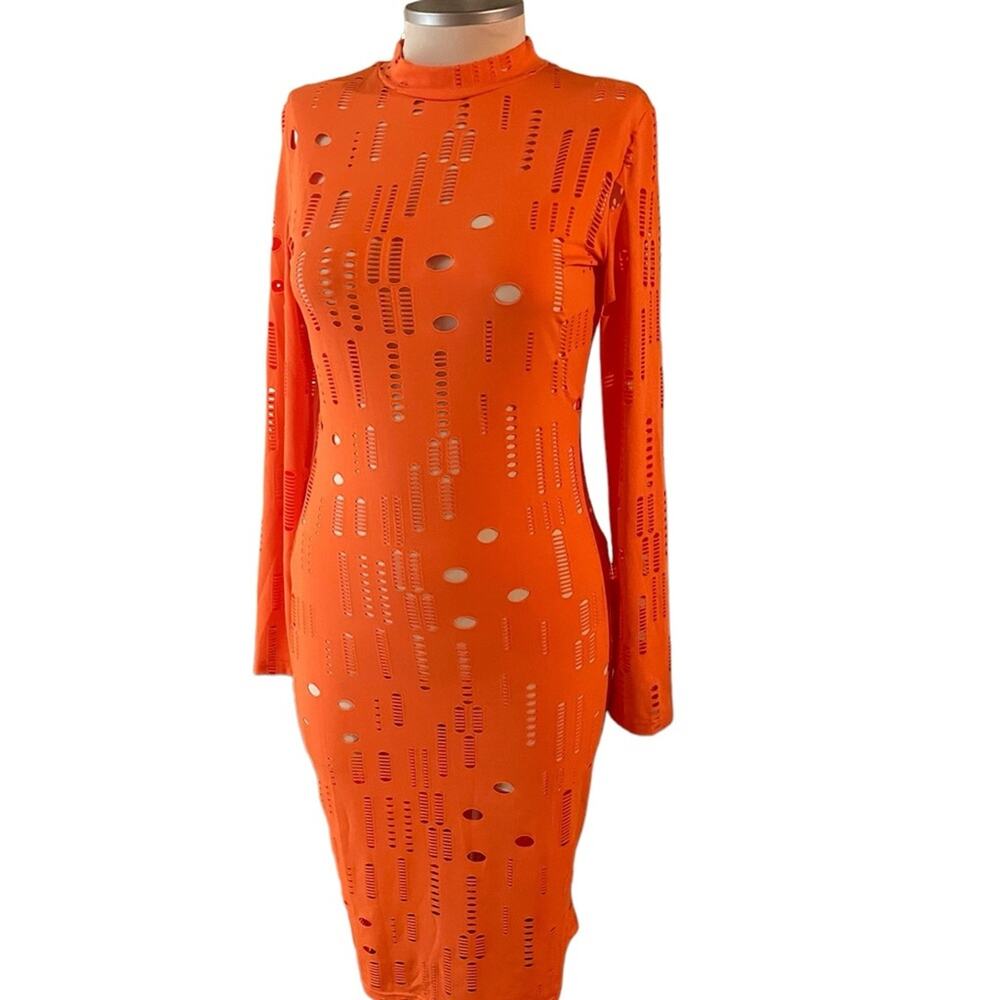 Vibrant‎ Orange Bodycon Midi Dress with Geometric Cutouts - Size L
